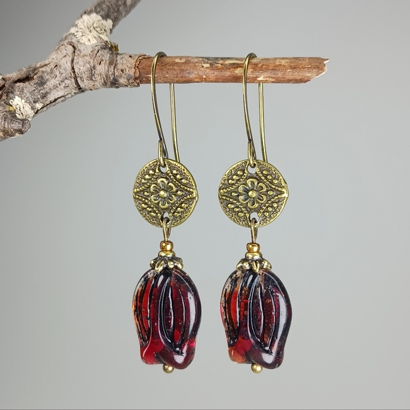 Hand Crafted Jewelry - HAND CRAFTED Red Artisan Glass Flower Rustic Brass Dangle Earrings